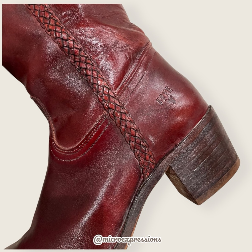 VINTAGE 1970s Frye Campus Leather Red-Brown Real Leather Braided Knee High Boot - Picture 12 of 16